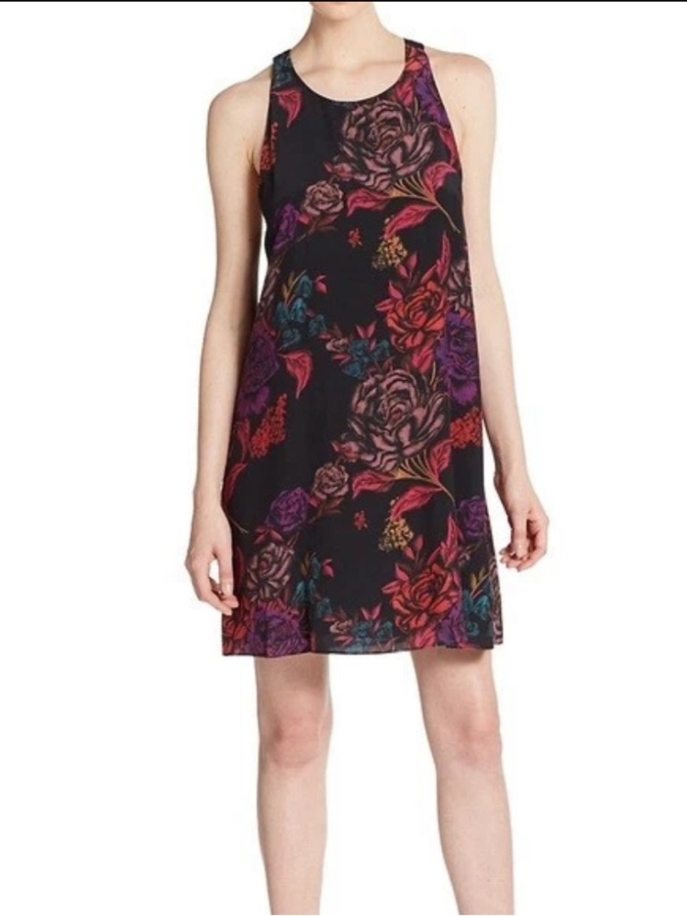 Alice + Olivia Liz Black Floral Twist Back Shift Dress with Multicolor Blooms